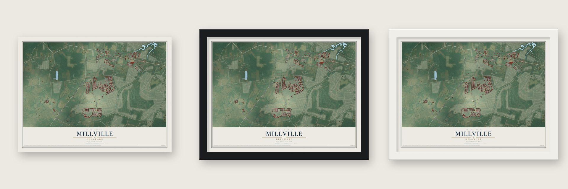 Millville, Delaware map unframed, in a black wood frame and in a white wood frame
