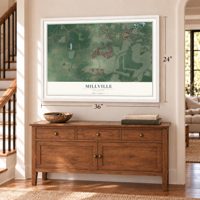 Millville, Delaware map, 24 x 36 inch print in a white frame above a dresser by a staircase