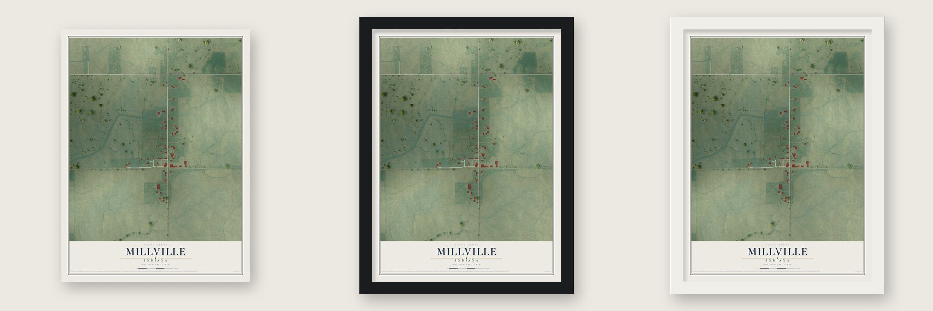Millville, Indiana map unframed, in a black wood frame and in a white wood frame