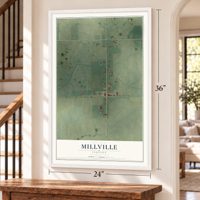 Millville, Indiana map, 24 x 36 inch print in a white frame by a staircase