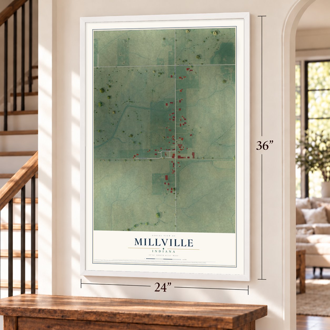 Millville, Indiana map, 24 x 36 inch print in a white frame by a staircase