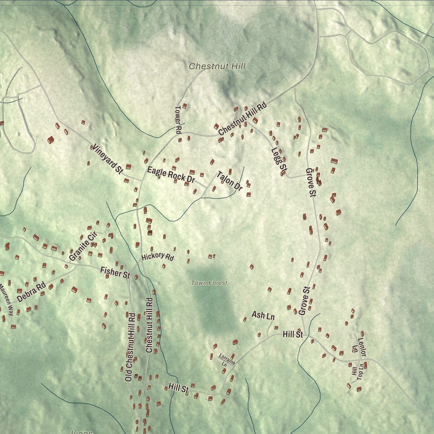 Close-up of the map of Millville, Massachusetts print showing terrain and local geography