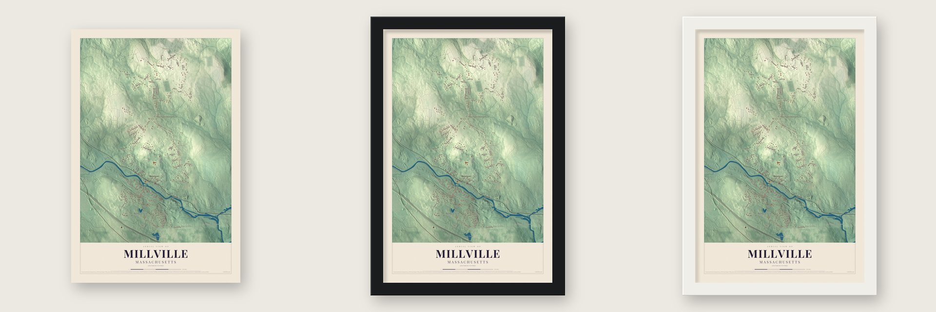 Millville, Massachusetts map unframed, in a black wood frame and in a white wood frame