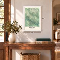 Millville, Massachusetts map, 12 x 18 inch print in a white frame in an entryway