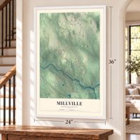Millville, Massachusetts map, 24 x 36 inch print in a white frame by a staircase