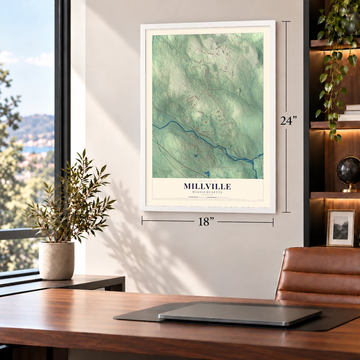 Millville, Massachusetts map, 18 x 24 inch print in a white frame in a home office