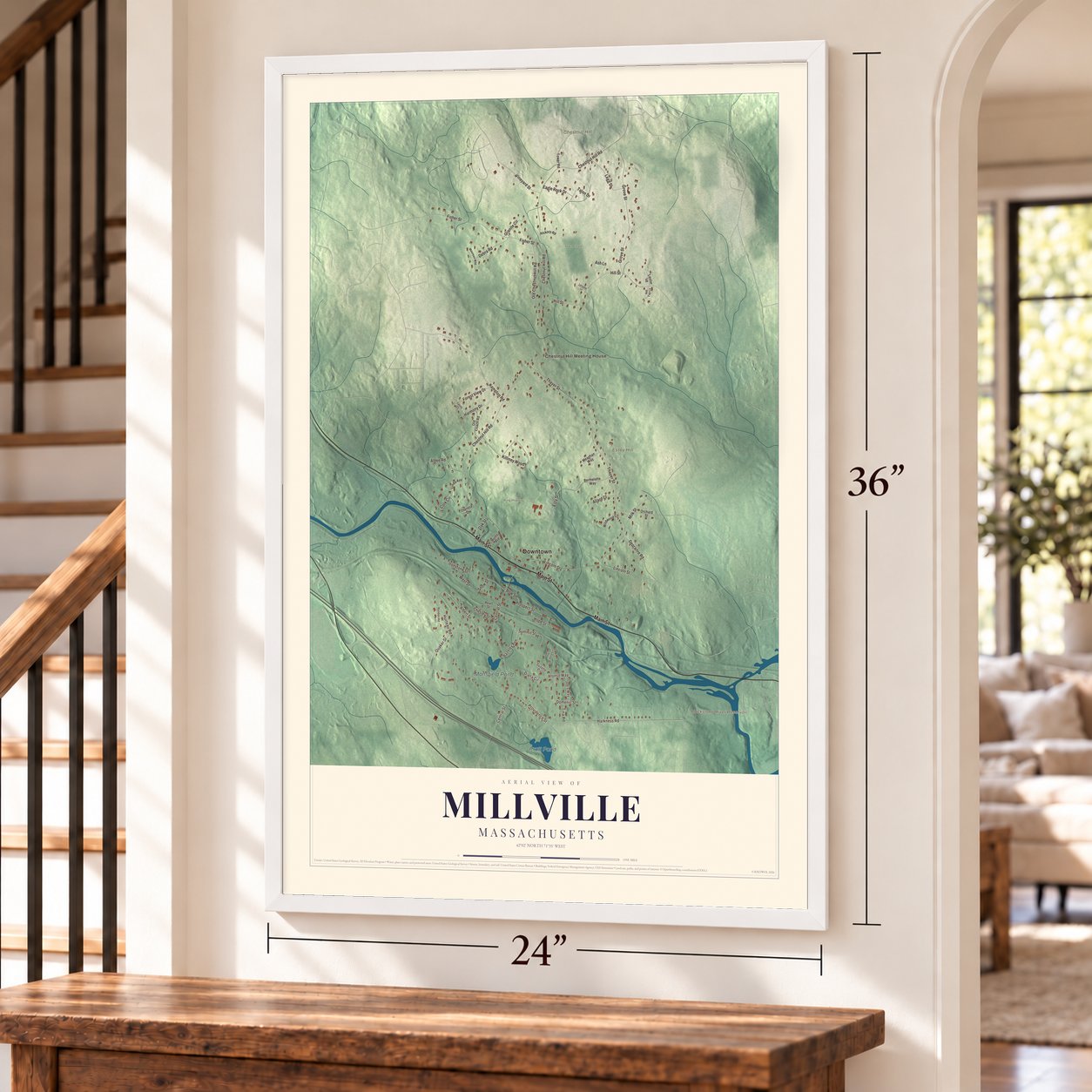 Millville, Massachusetts map, 24 x 36 inch print in a white frame by a staircase