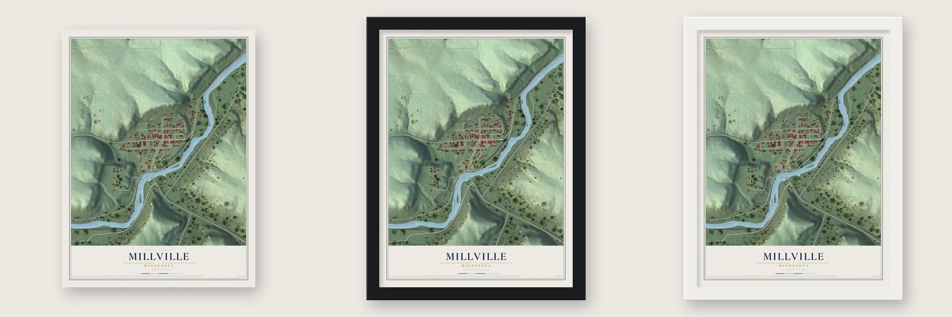Millville, Minnesota map unframed, in a black wood frame and in a white wood frame
