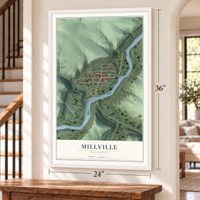 Millville, Minnesota map, 24 x 36 inch print in a white frame by a staircase