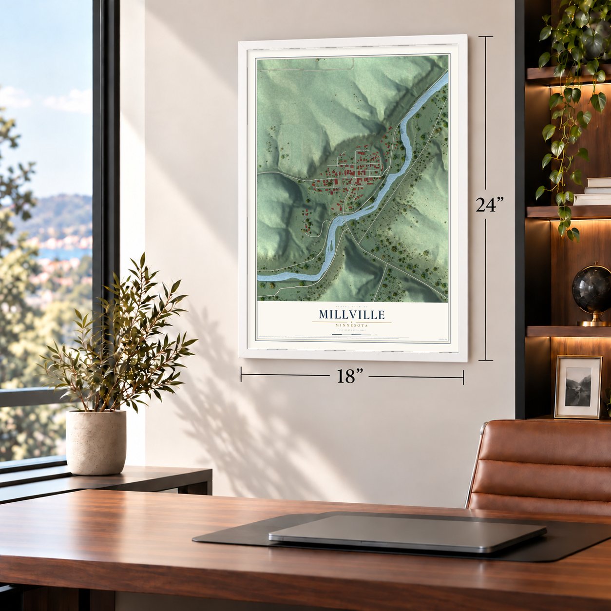 Millville, Minnesota map, 18 x 24 inch print in a white frame in a home office