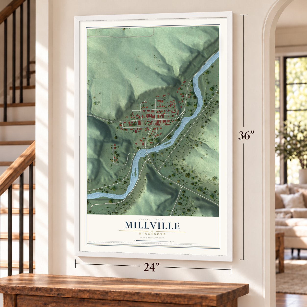 Millville, Minnesota map, 24 x 36 inch print in a white frame by a staircase