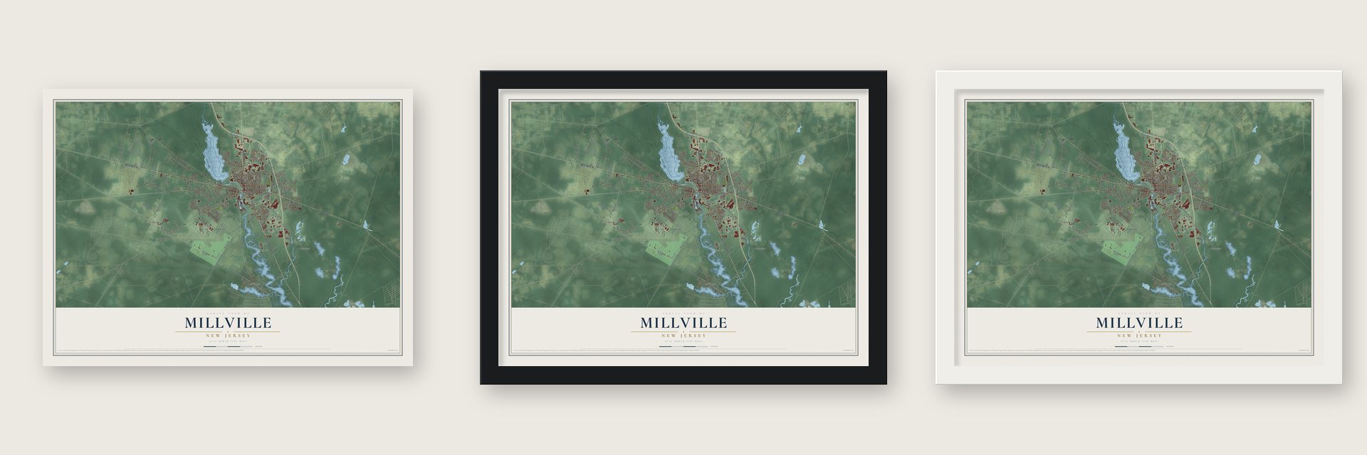 Millville, New Jersey map unframed, in a black wood frame and in a white wood frame