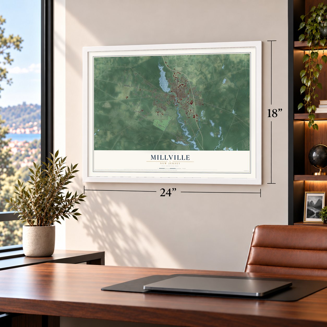 Millville, New Jersey map, 18 x 24 inch print in a white frame in a home office