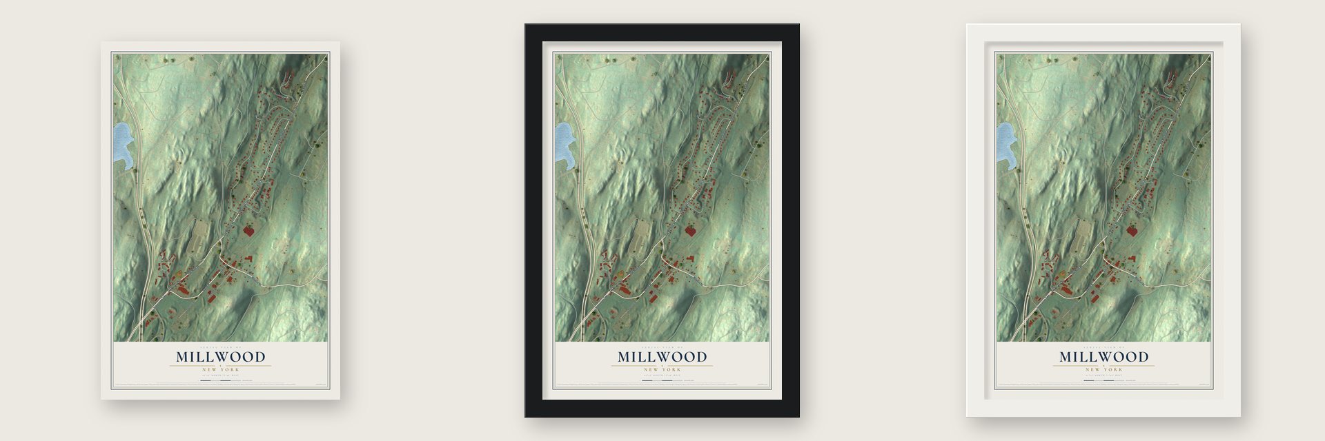 Millwood, New York map unframed, in a black wood frame and in a white wood frame