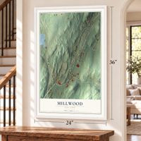 Millwood, New York map, 24 x 36 inch print in a white frame by a staircase