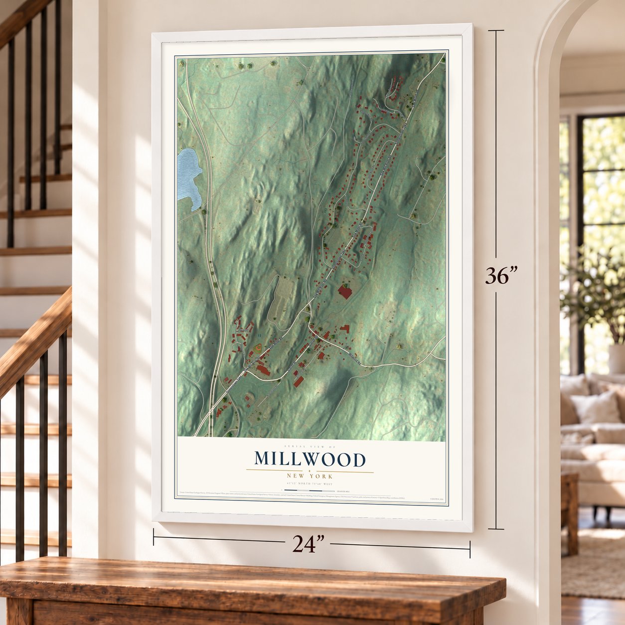 Millwood, New York map, 24 x 36 inch print in a white frame by a staircase