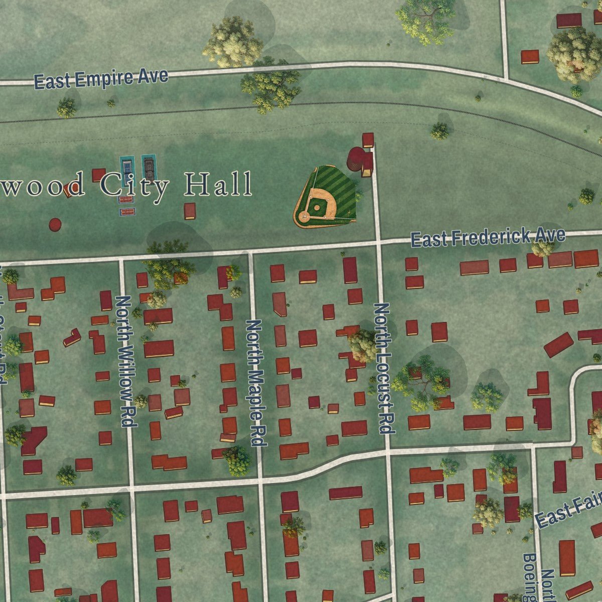 Second close-up of the map of Millwood, Washington print showing more streets and buildings