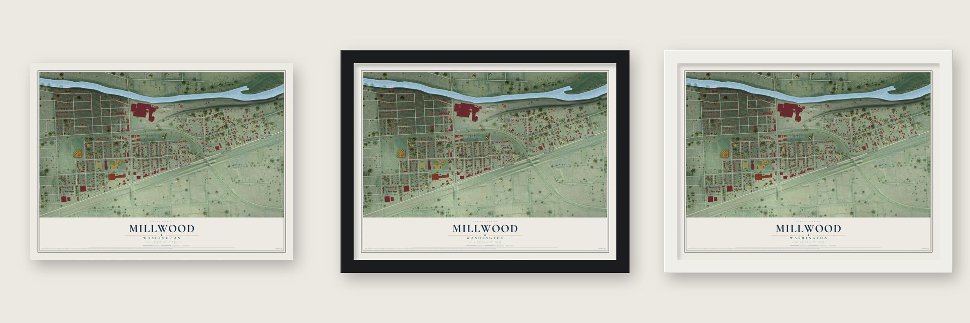 Millwood, Washington map unframed, in a black wood frame and in a white wood frame