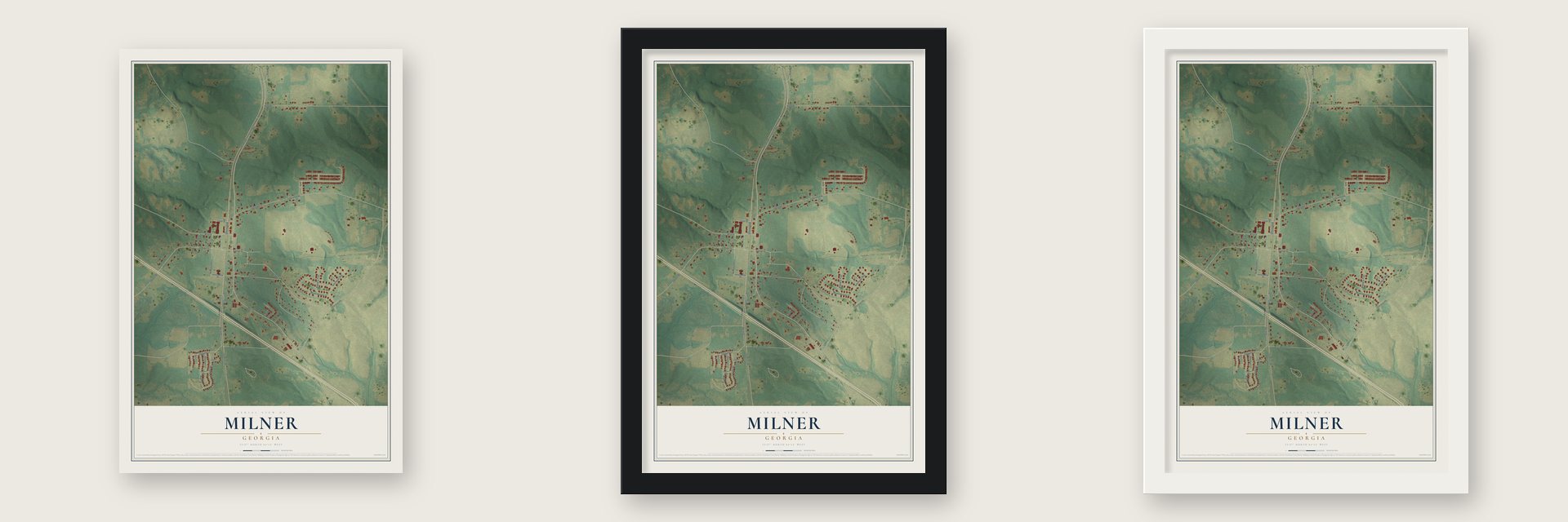 Milner, Georgia map unframed, in a black wood frame and in a white wood frame