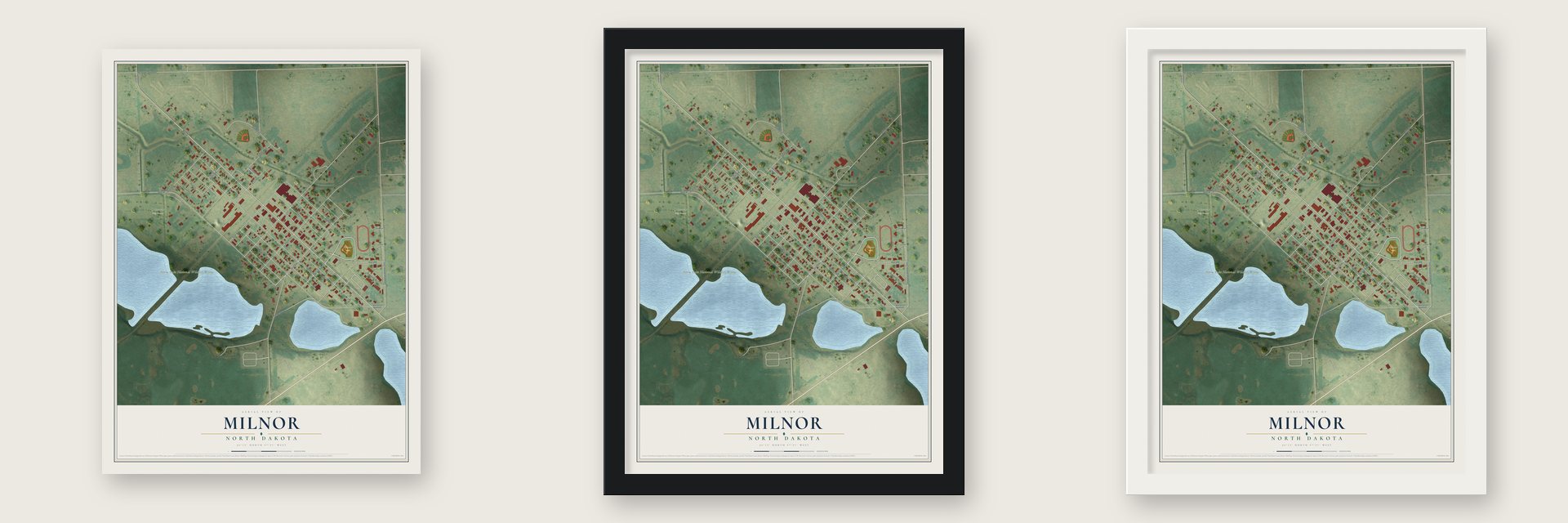 Milnor, North Dakota map unframed, in a black wood frame and in a white wood frame