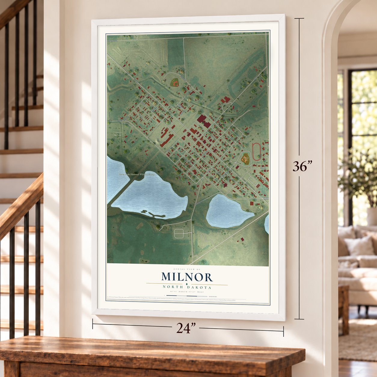 Milnor, North Dakota map, 24 x 36 inch print in a white frame by a staircase