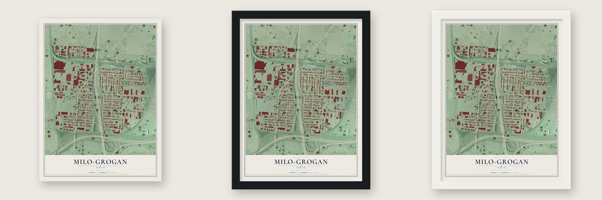 Milo-Grogan, Ohio map unframed, in a black wood frame and in a white wood frame