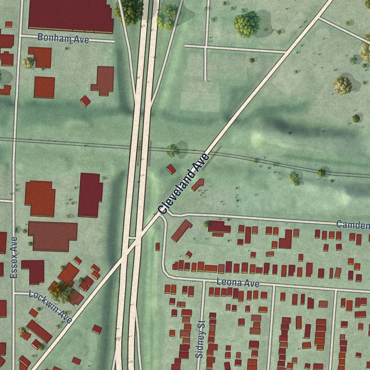 Second close-up of the map of Milo-Grogan, Ohio print showing more streets and buildings