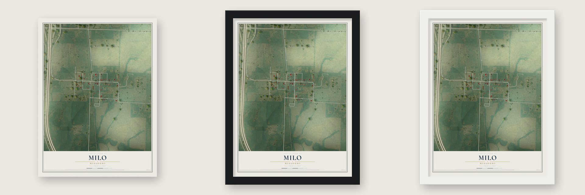 Milo, Missouri map unframed, in a black wood frame and in a white wood frame