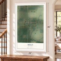 Milo, Missouri map, 24 x 36 inch print in a white frame by a staircase