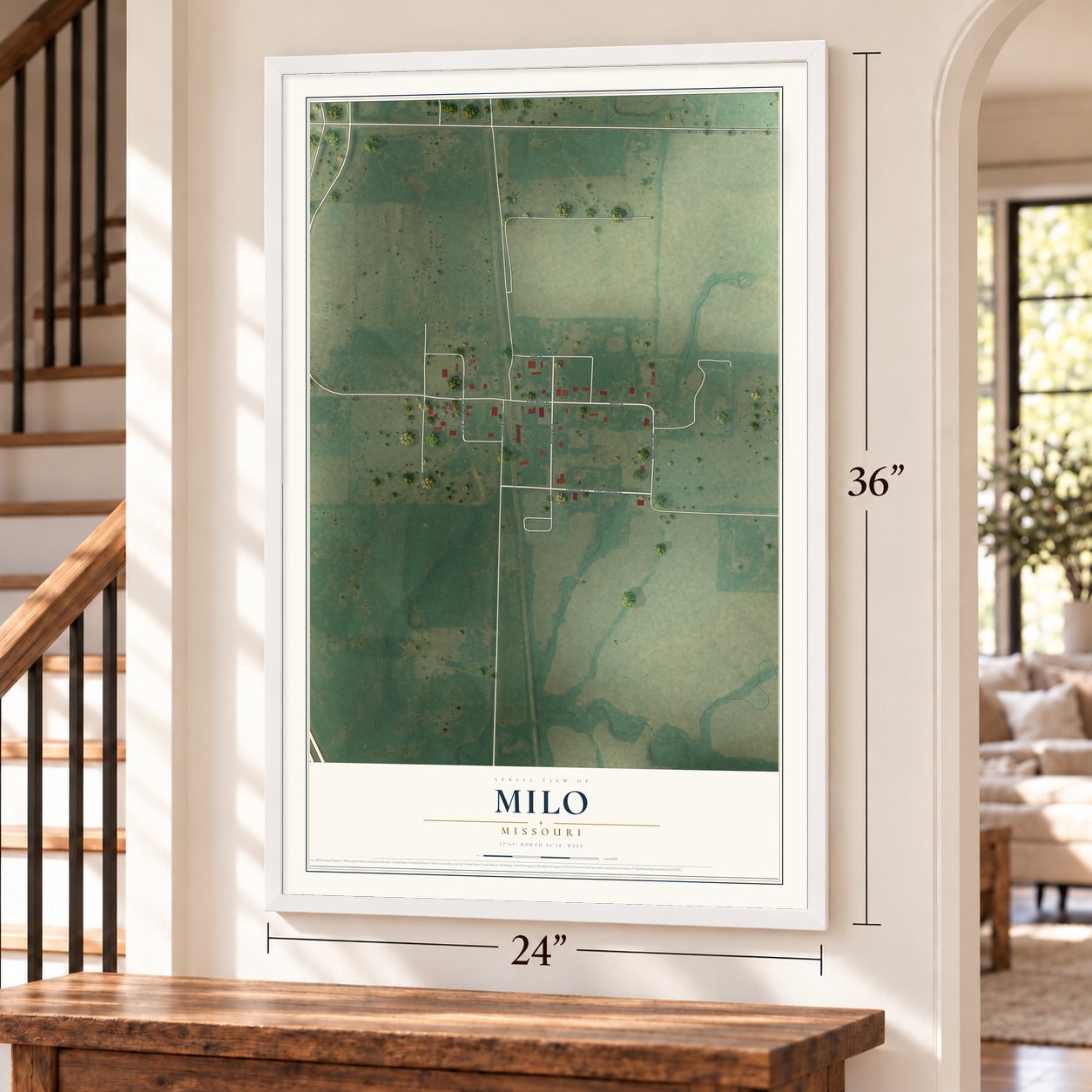 Milo, Missouri map, 24 x 36 inch print in a white frame by a staircase