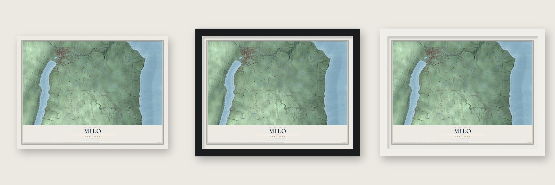 Milo, New York map unframed, in a black wood frame and in a white wood frame