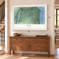 Milo, New York map, 24 x 36 inch print in a white frame above a dresser by a staircase