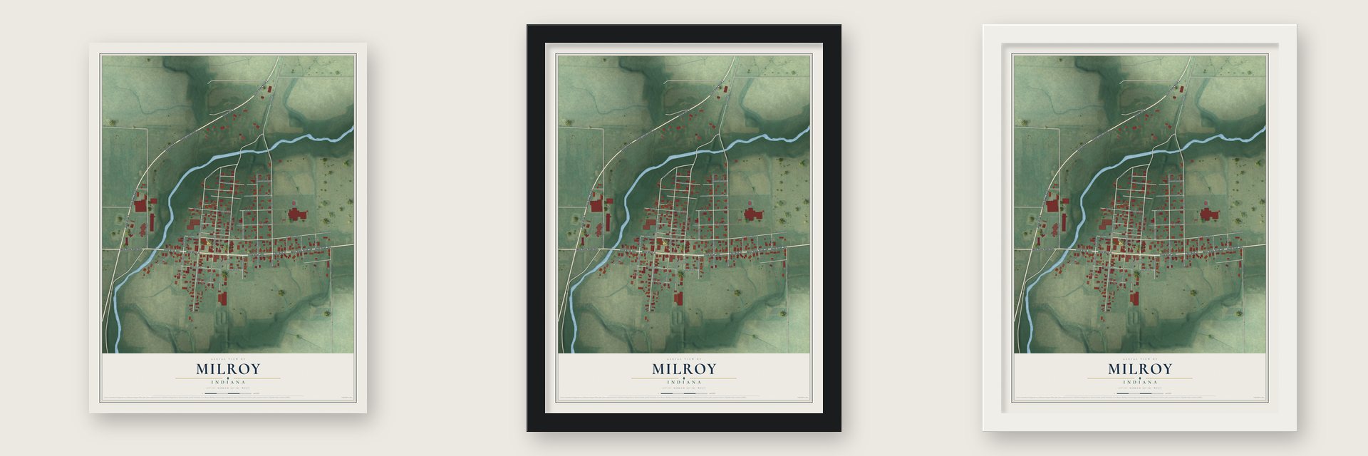 Milroy, Indiana map unframed, in a black wood frame and in a white wood frame