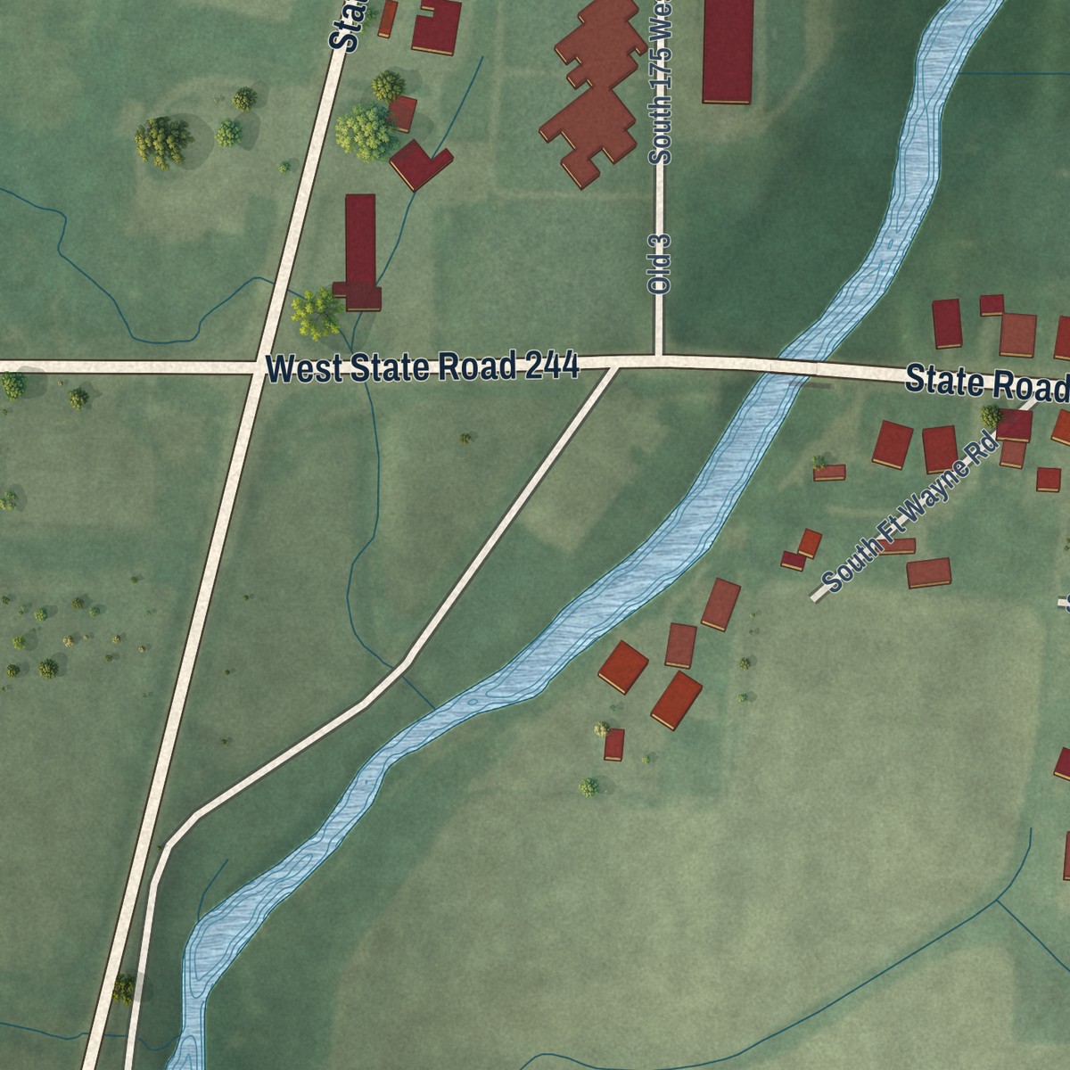 Second close-up of the map of Milroy, Indiana print showing more streets and buildings