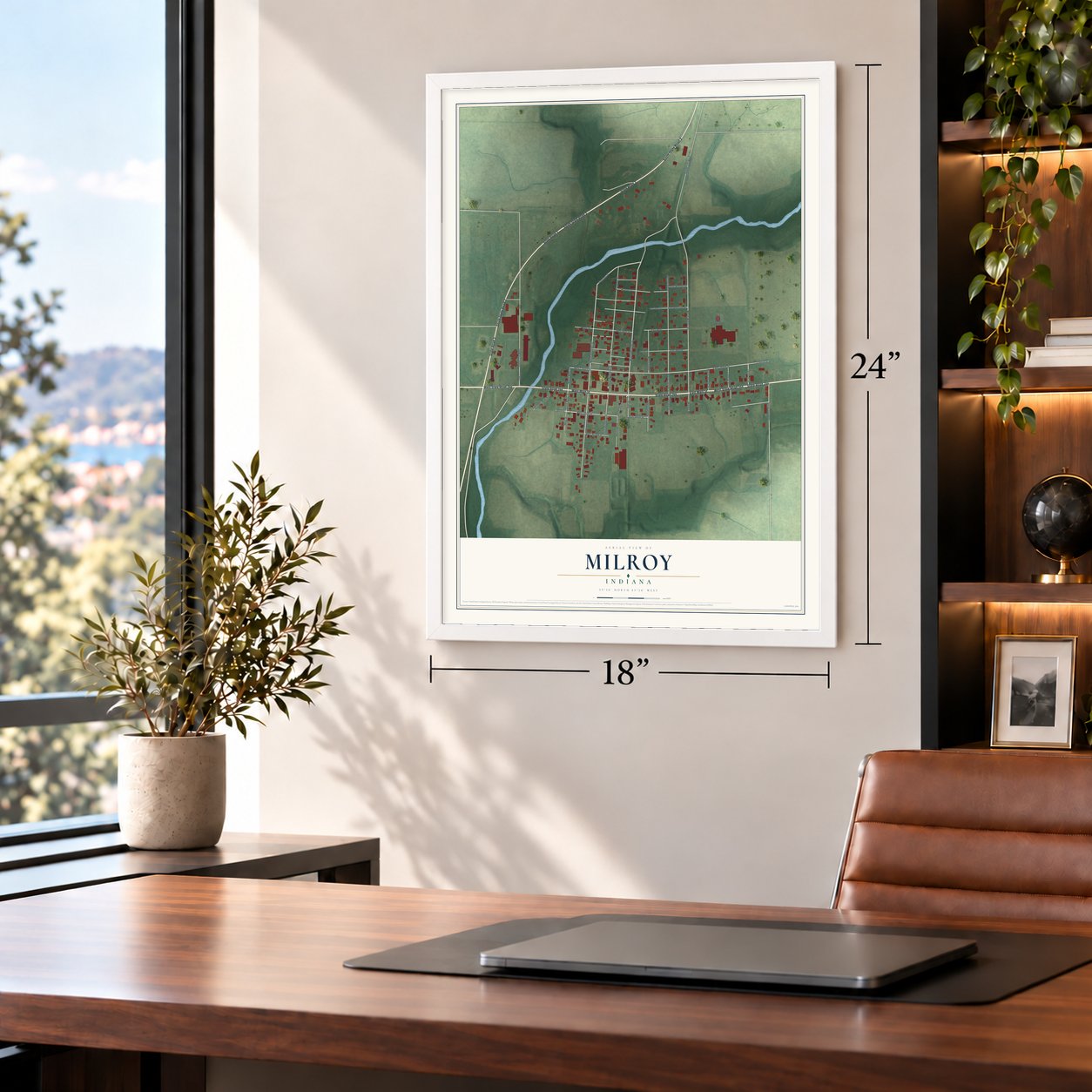 Milroy, Indiana map, 18 x 24 inch print in a white frame in a home office