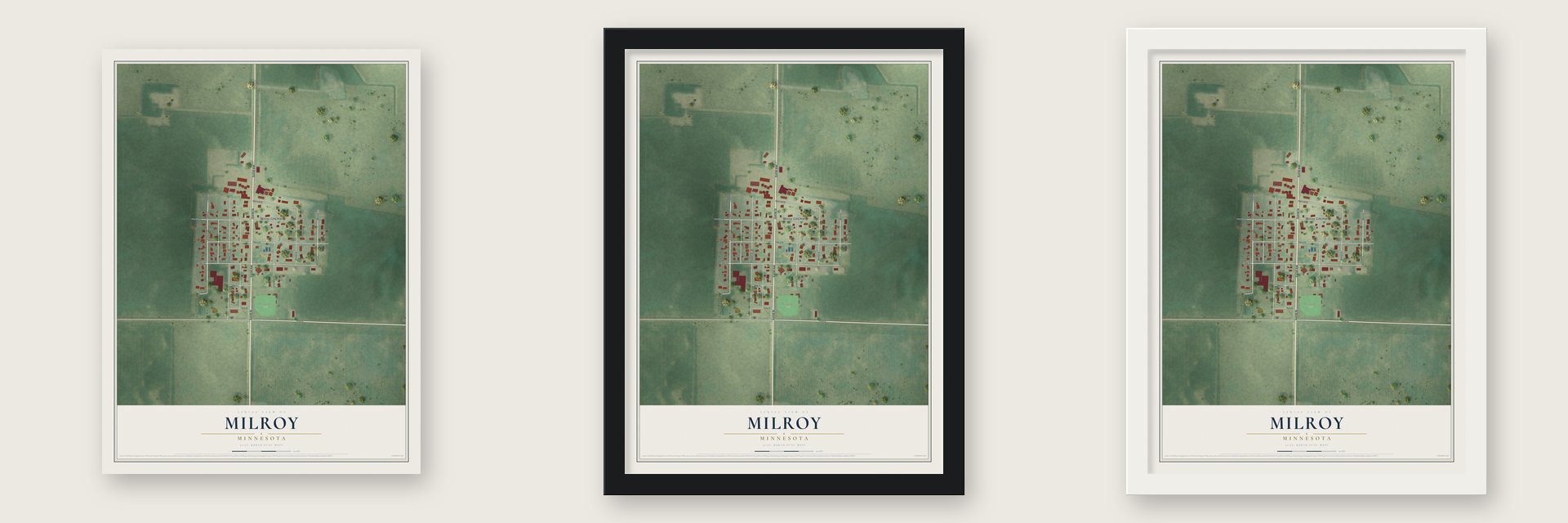 Milroy, Minnesota map unframed, in a black wood frame and in a white wood frame