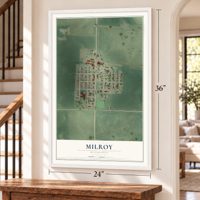 Milroy, Minnesota map, 24 x 36 inch print in a white frame by a staircase