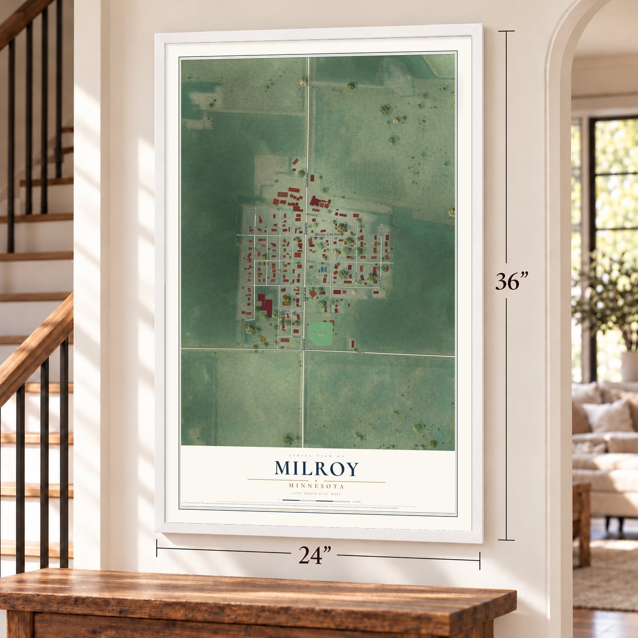 Milroy, Minnesota map, 24 x 36 inch print in a white frame by a staircase