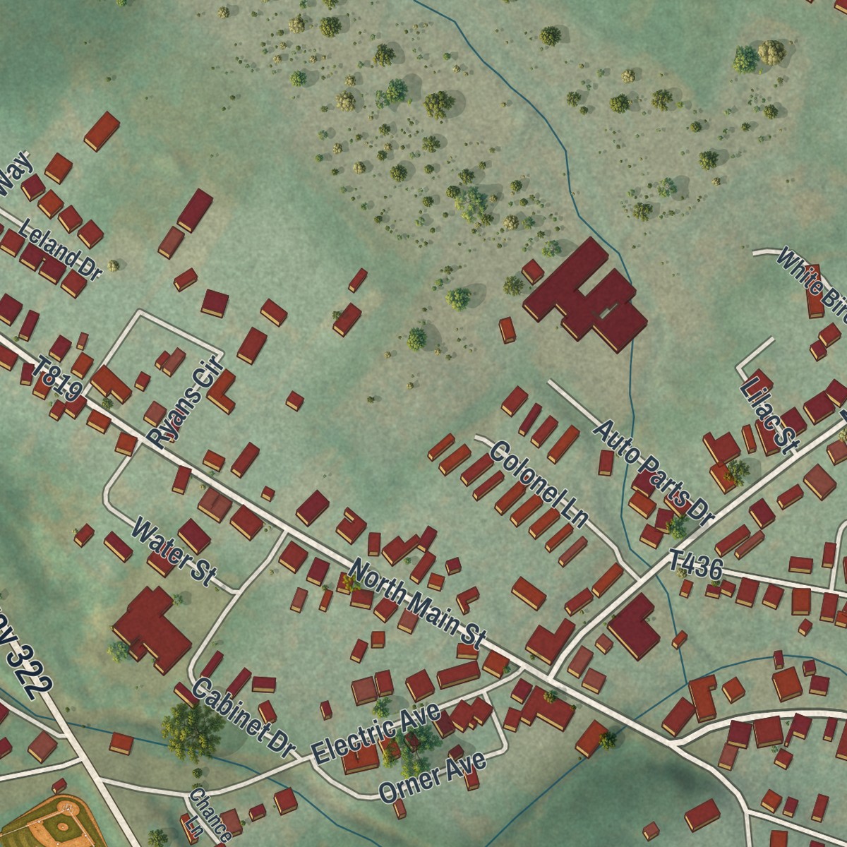 Second close-up of the map of Milroy, Pennsylvania print showing more streets and buildings