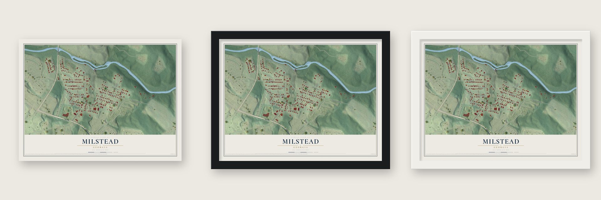 Milstead, Georgia map unframed, in a black wood frame and in a white wood frame