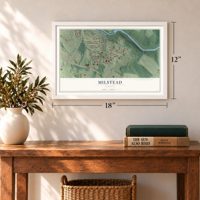 Milstead, Georgia map, 12 x 18 inch print in a white frame in an entryway