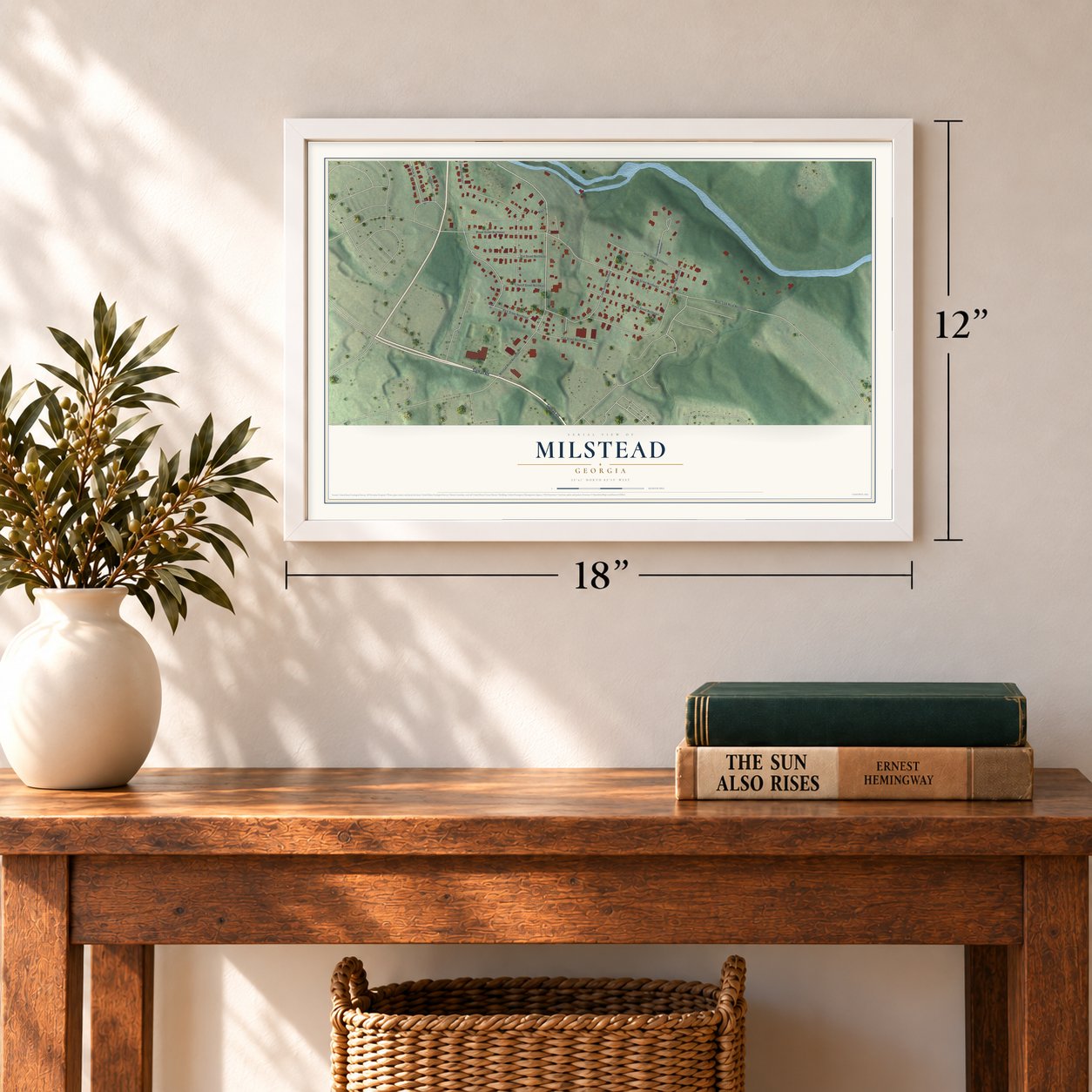 Milstead, Georgia map, 12 x 18 inch print in a white frame in an entryway