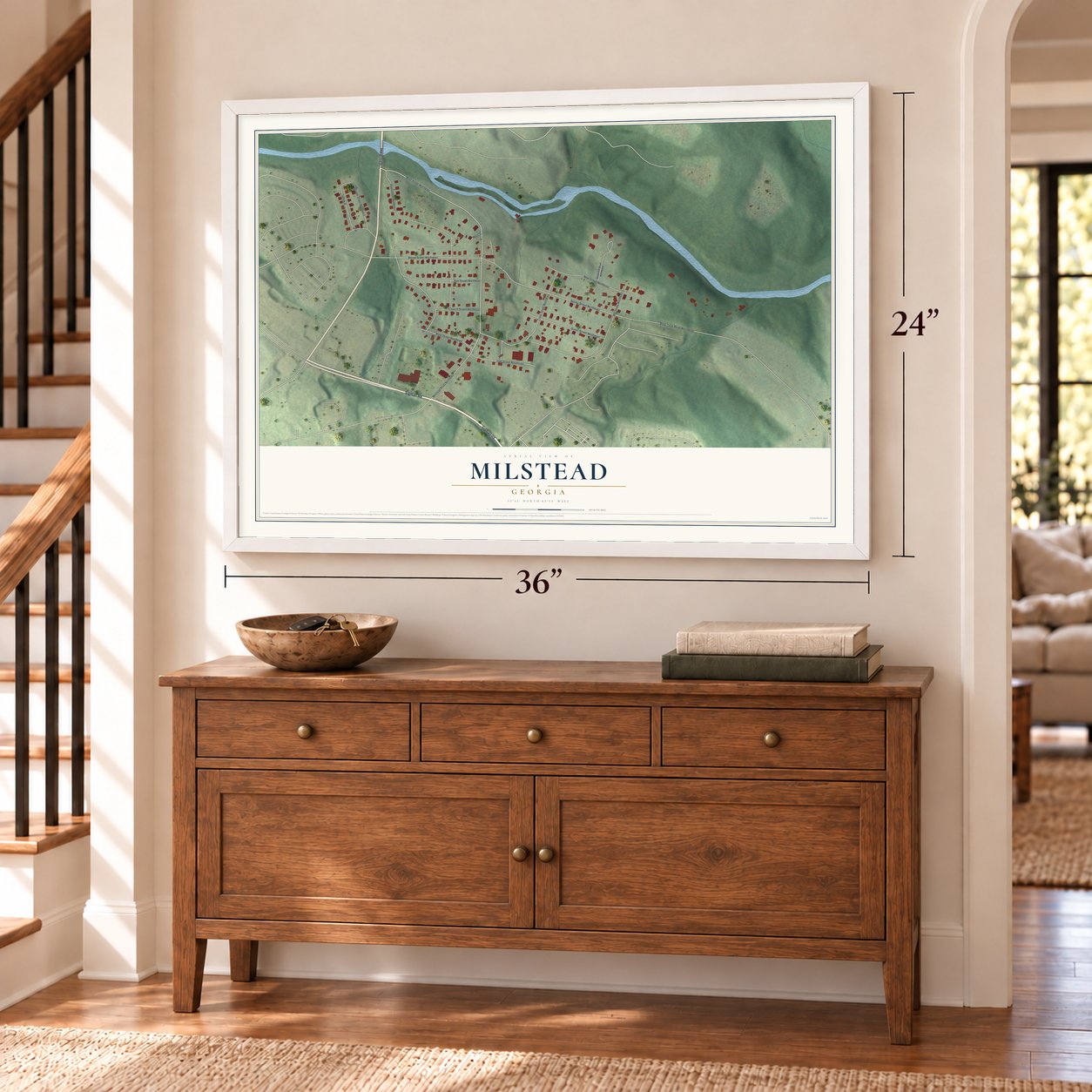 Milstead, Georgia map, 24 x 36 inch print in a white frame above a dresser by a staircase