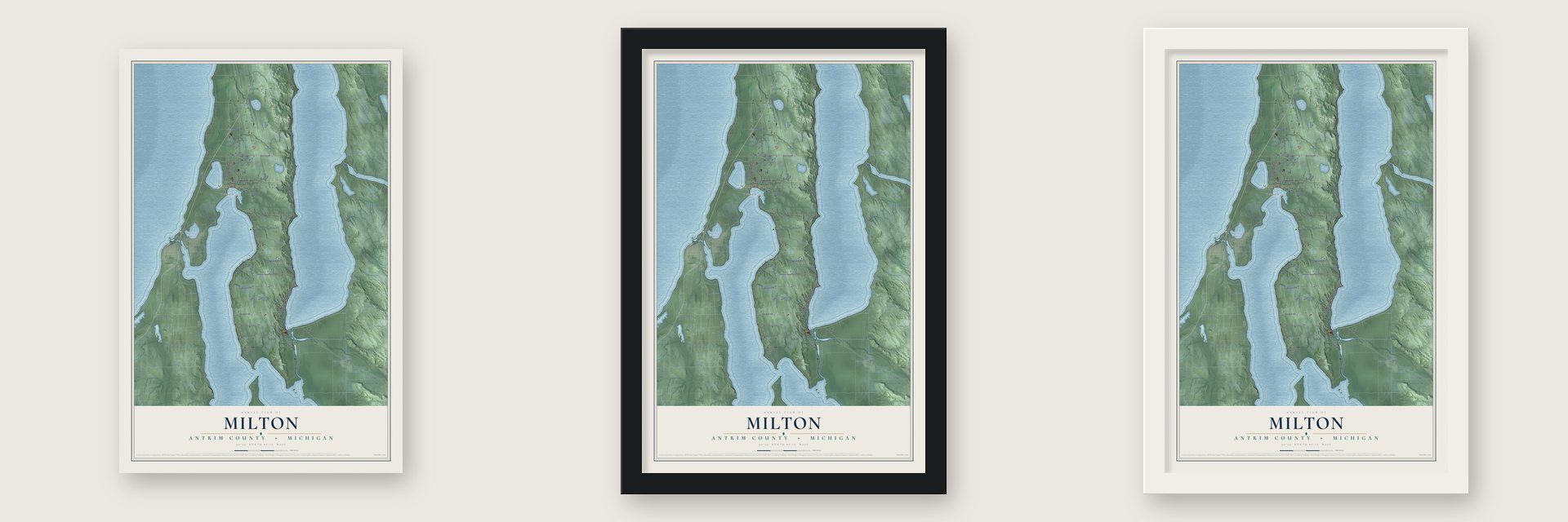Milton, Antrim County, Michigan map unframed, in a black wood frame and in a white wood frame