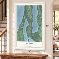 Milton, Antrim County, Michigan map, 24 x 36 inch print in a white frame by a staircase