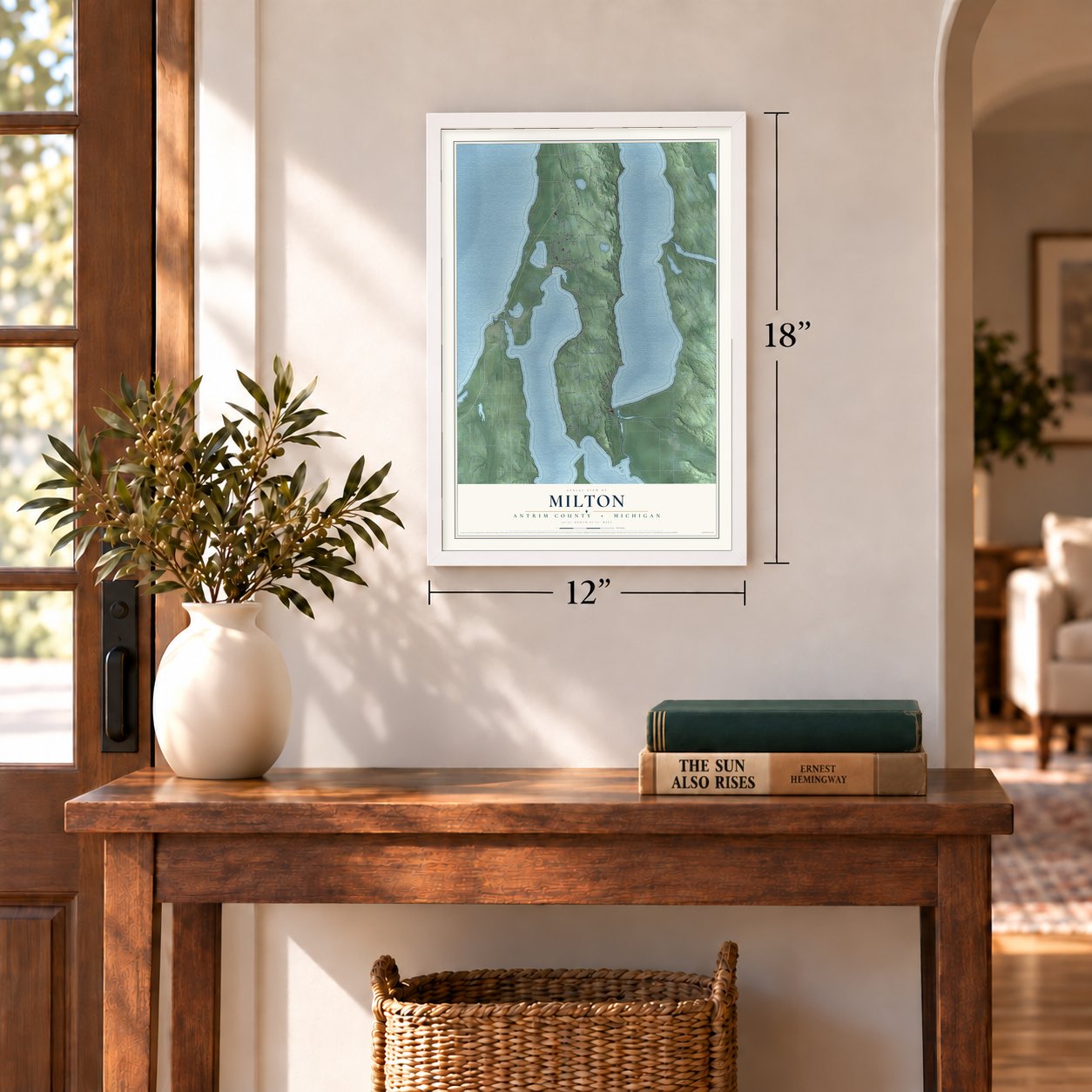 Milton, Antrim County, Michigan map, 12 x 18 inch print in a white frame in an entryway
