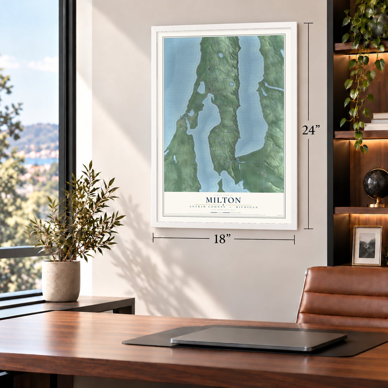 Milton, Antrim County, Michigan map, 18 x 24 inch print in a white frame in a home office