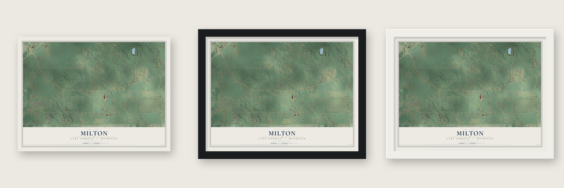 Milton, Cass County, Michigan map unframed, in a black wood frame and in a white wood frame