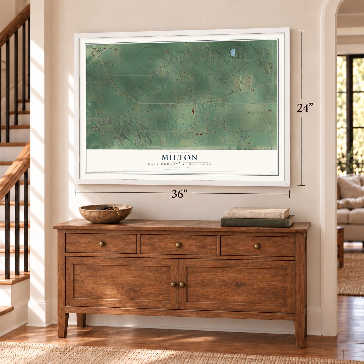 Milton, Cass County, Michigan map, 24 x 36 inch print in a white frame above a dresser by a staircase