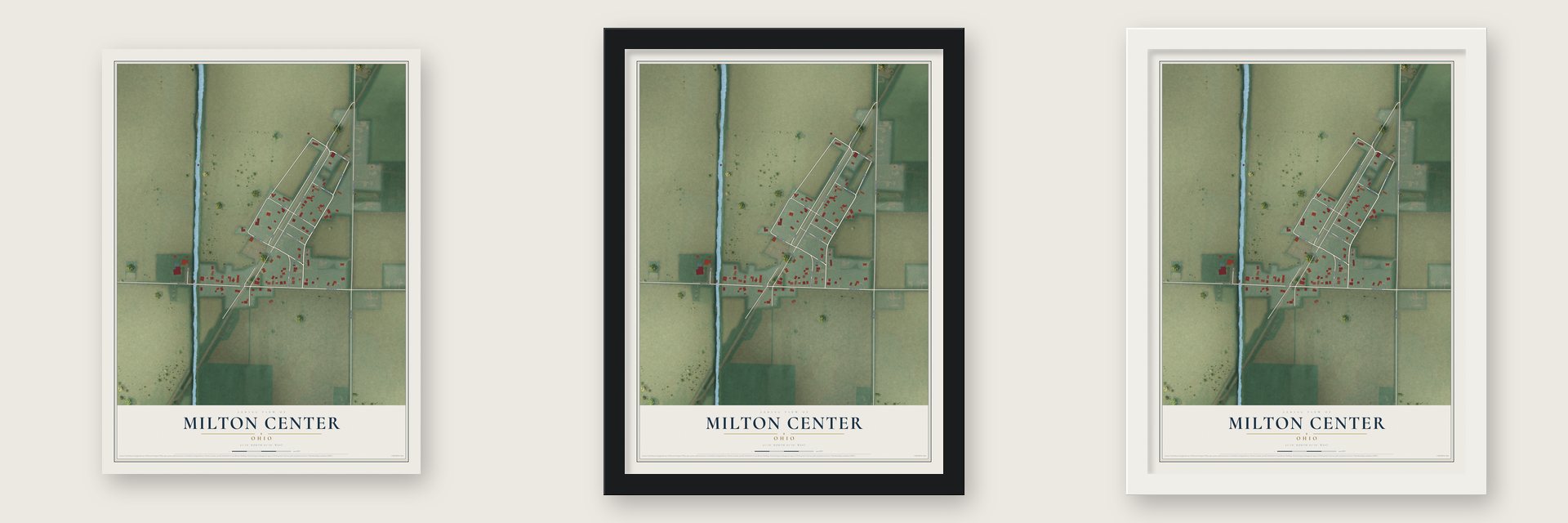 Milton Center, Ohio map unframed, in a black wood frame and in a white wood frame